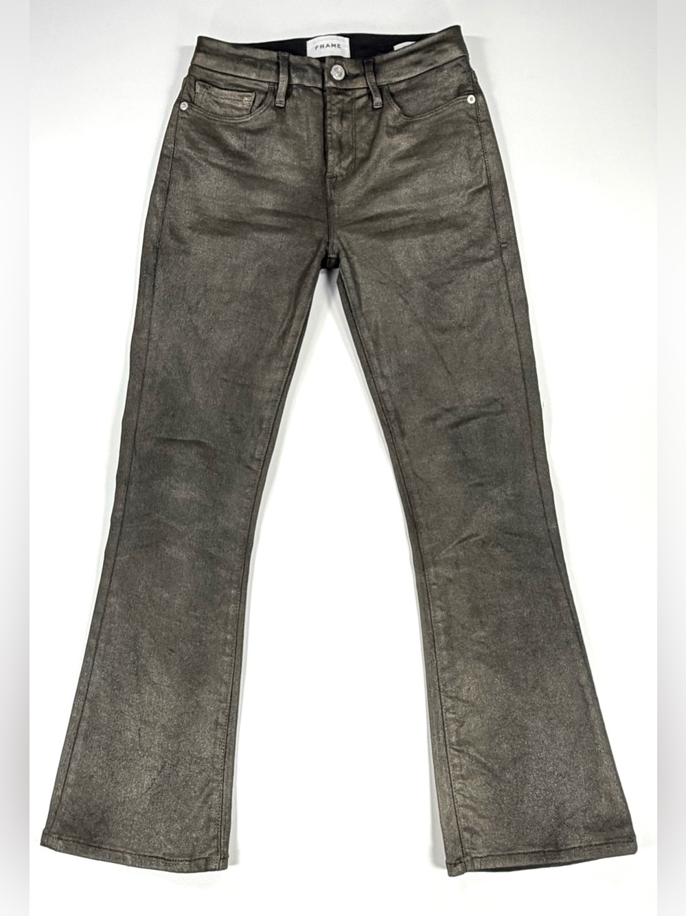 FRAME Le Crop Mini Boot Jeans 26 Pewter Metallic Coated Stretch Denim LCMB208